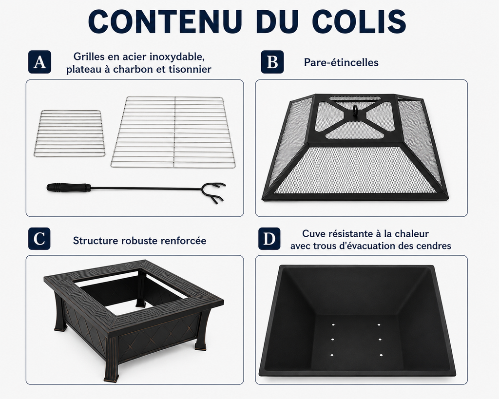 HESTINA Signature - Brasero de jardin carré 81 cm, 3 fonctions feu, barbecue et rafraîchisseur