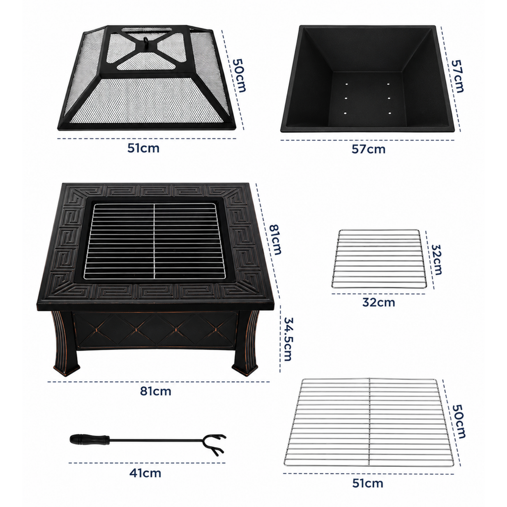 HESTINA Signature - Brasero de jardin carré 81 cm, 3 fonctions feu, barbecue et rafraîchisseur