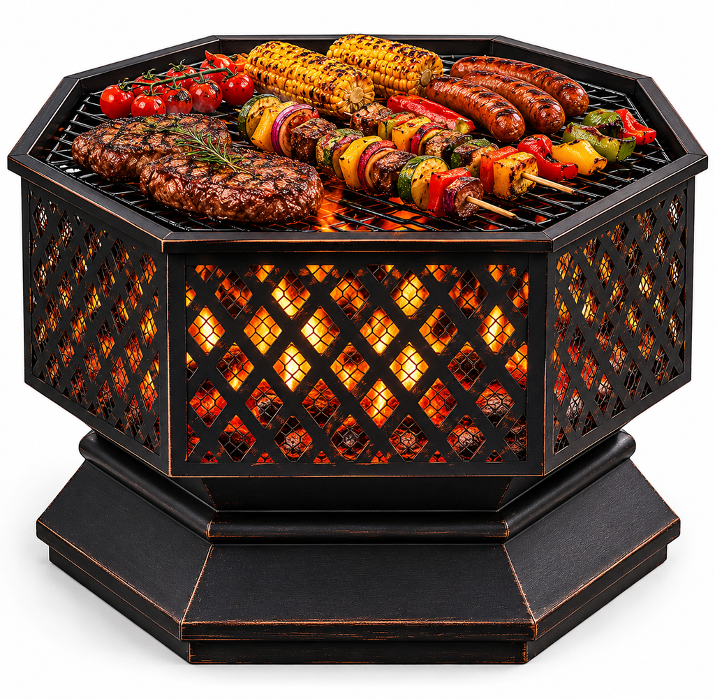 HESTINA Élégance - Brasero barbecue octogonal avec grille de cuisson, usage extérieur