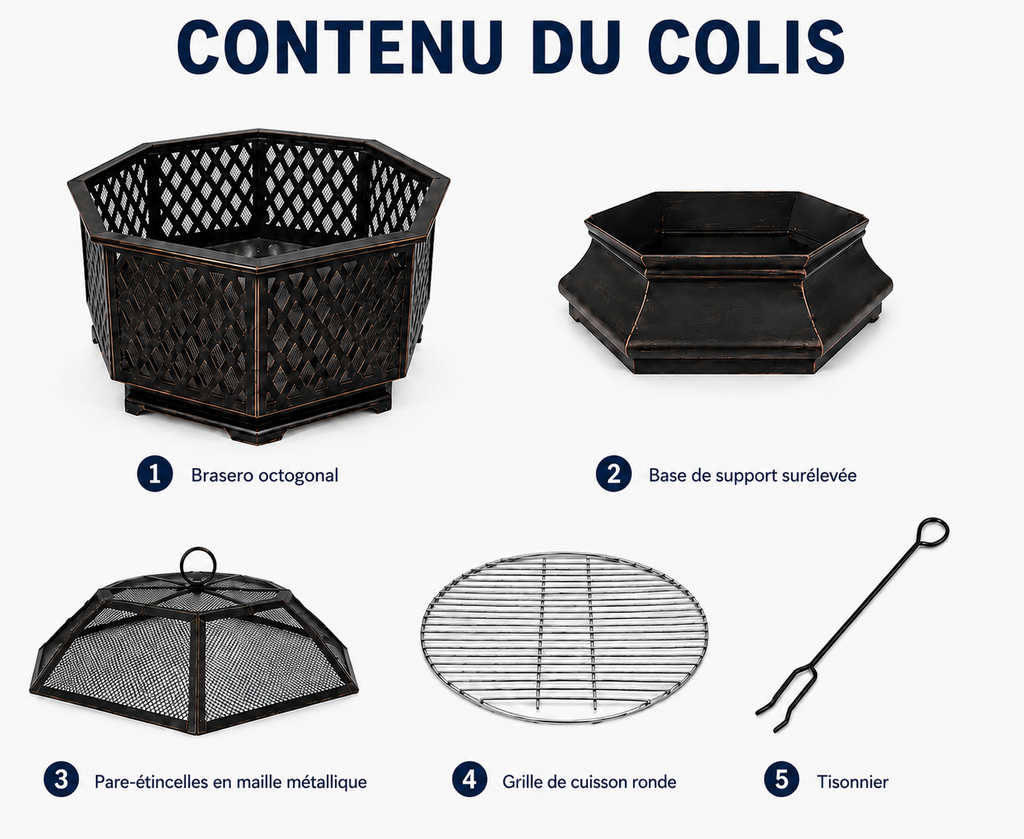 HESTINA Élégance - Brasero barbecue octogonal avec grille de cuisson, usage extérieur
