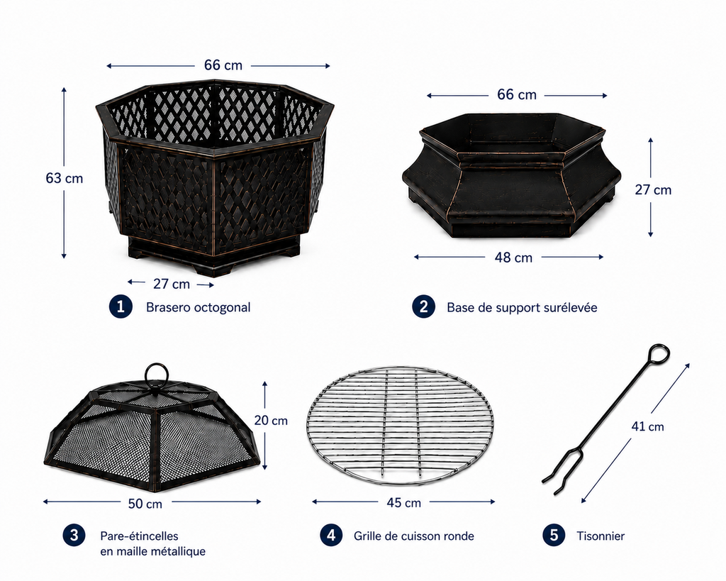HESTINA Élégance - Brasero barbecue octogonal avec grille de cuisson, usage extérieur