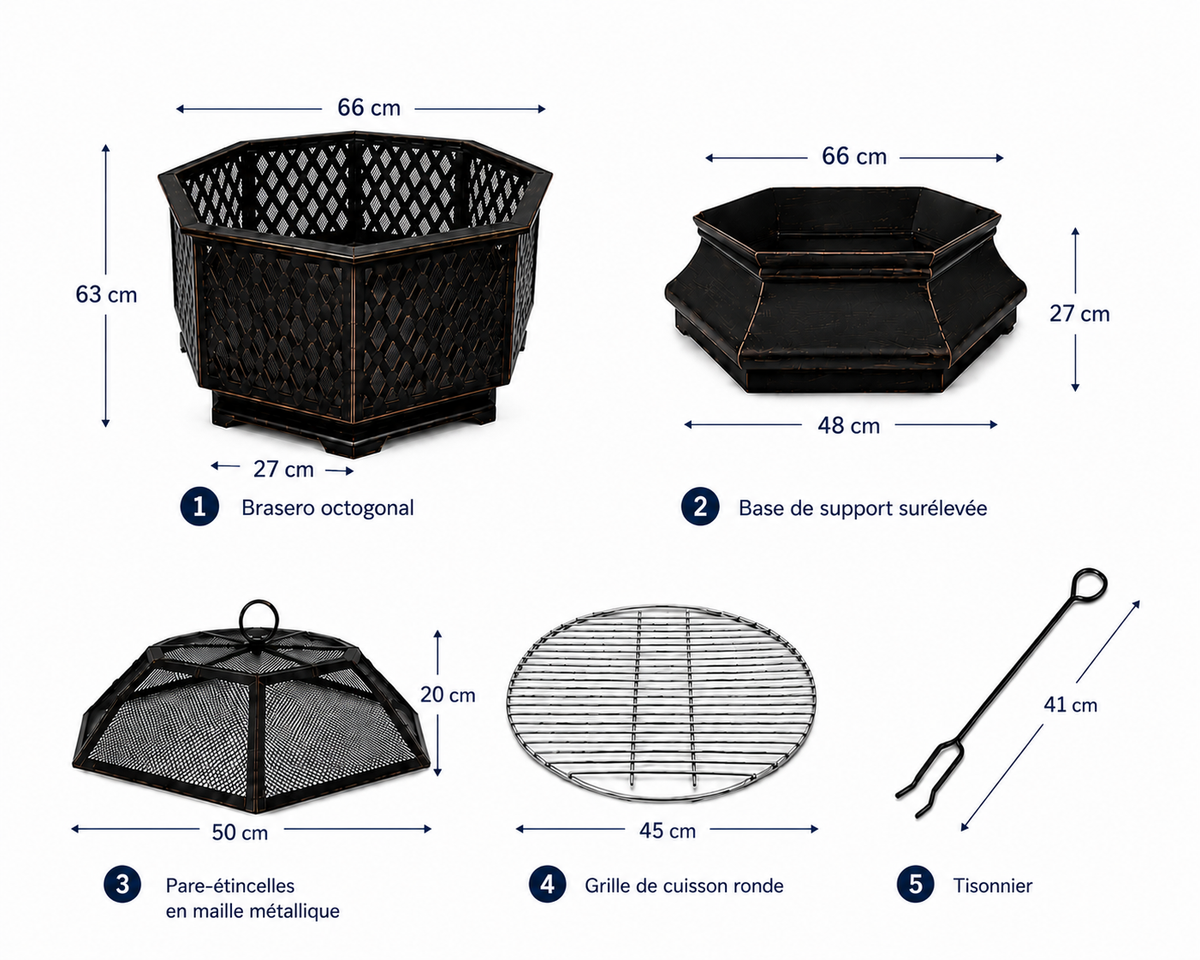 HESTINA Élégance - Brasero barbecue octogonal avec grille de cuisson, usage extérieur