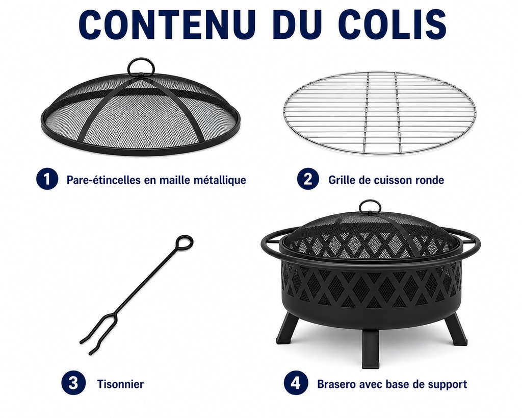 HESTINA Harmonie - Brasero barbecue de jardin rond Ø76 cm avec grille et pare-étincelles