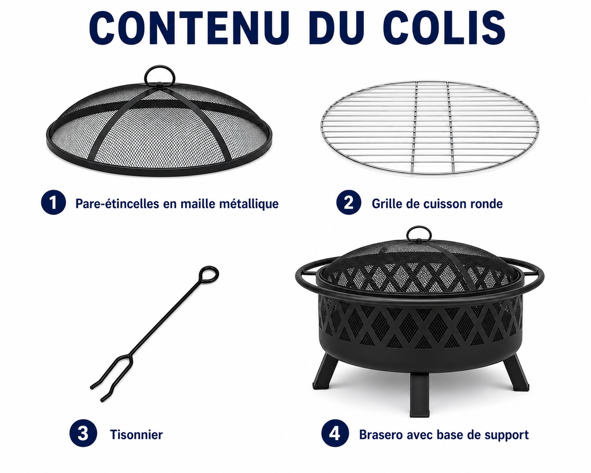 HESTINA Harmonie - Brasero barbecue de jardin rond Ø76 cm avec grille et pare-étincelles