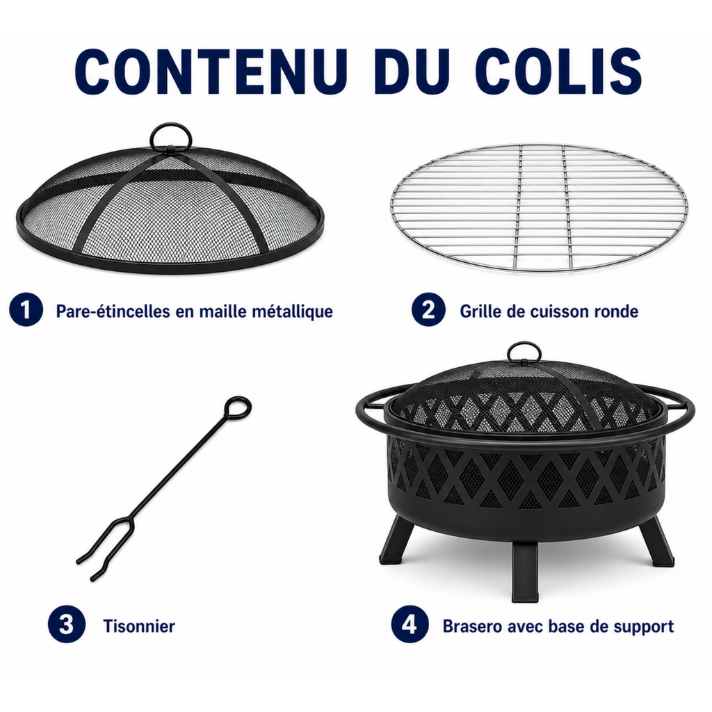 HESTINA Harmonie - Brasero barbecue de jardin rond Ø76 cm avec grille et pare-étincelles