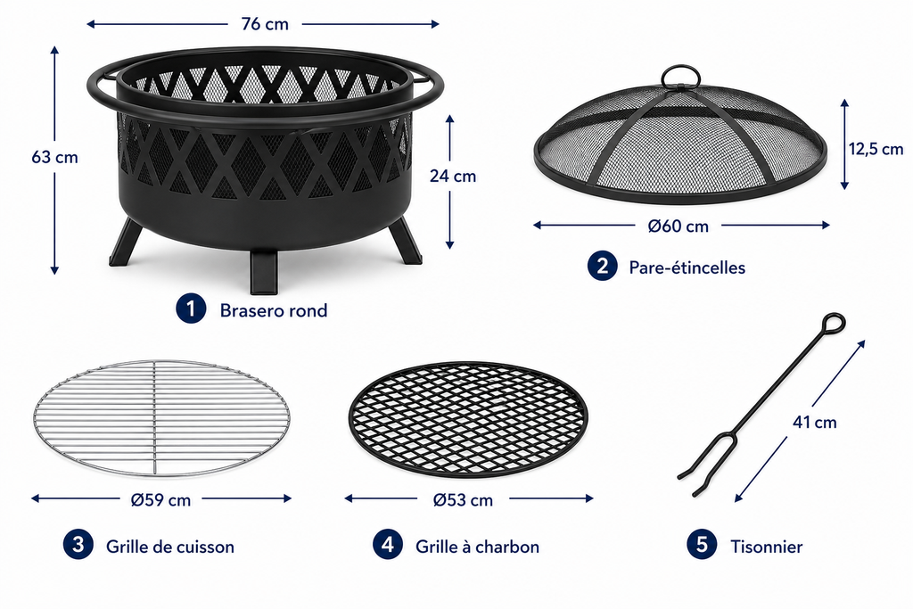 HESTINA Harmonie - Brasero barbecue de jardin rond Ø76 cm avec grille et pare-étincelles