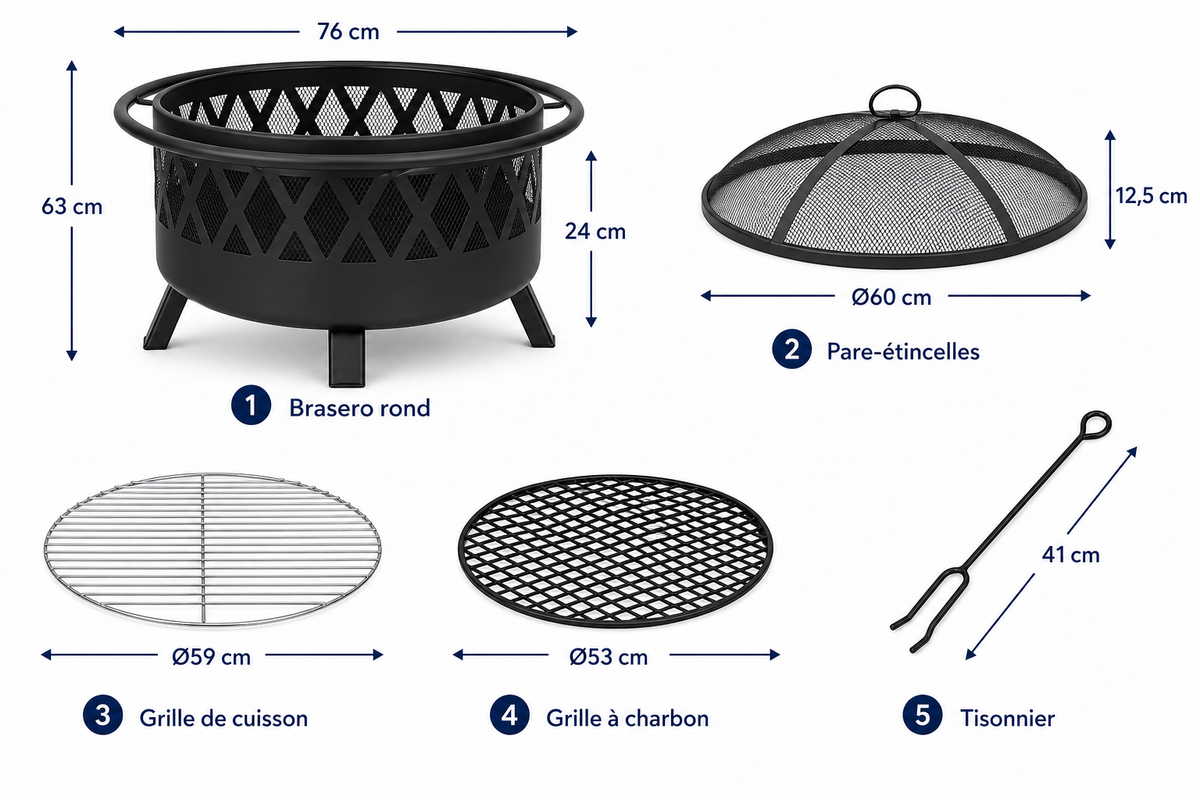 HESTINA Harmonie - Brasero barbecue de jardin rond Ø76 cm avec grille et pare-étincelles