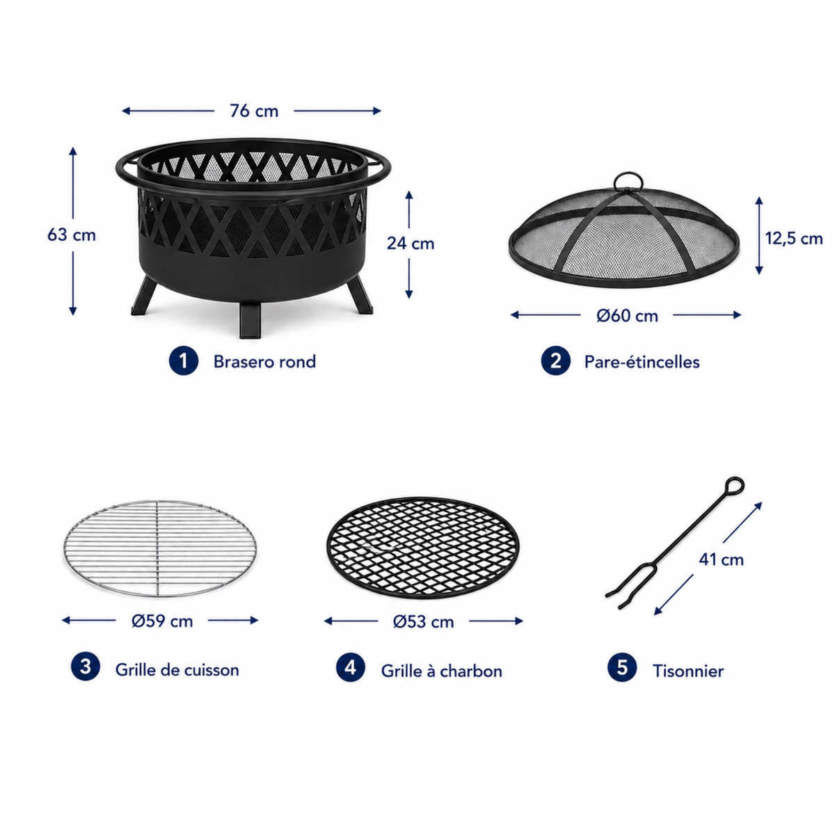 HESTINA Harmonie - Brasero barbecue de jardin rond Ø76 cm avec grille et pare-étincelles