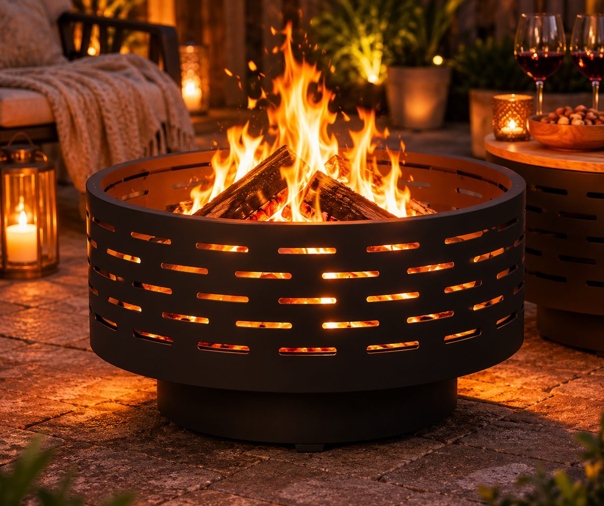 HESTINA Prestige - Brasero table de jardin rond Ø60 cm avec plateau bois et grille barbecue