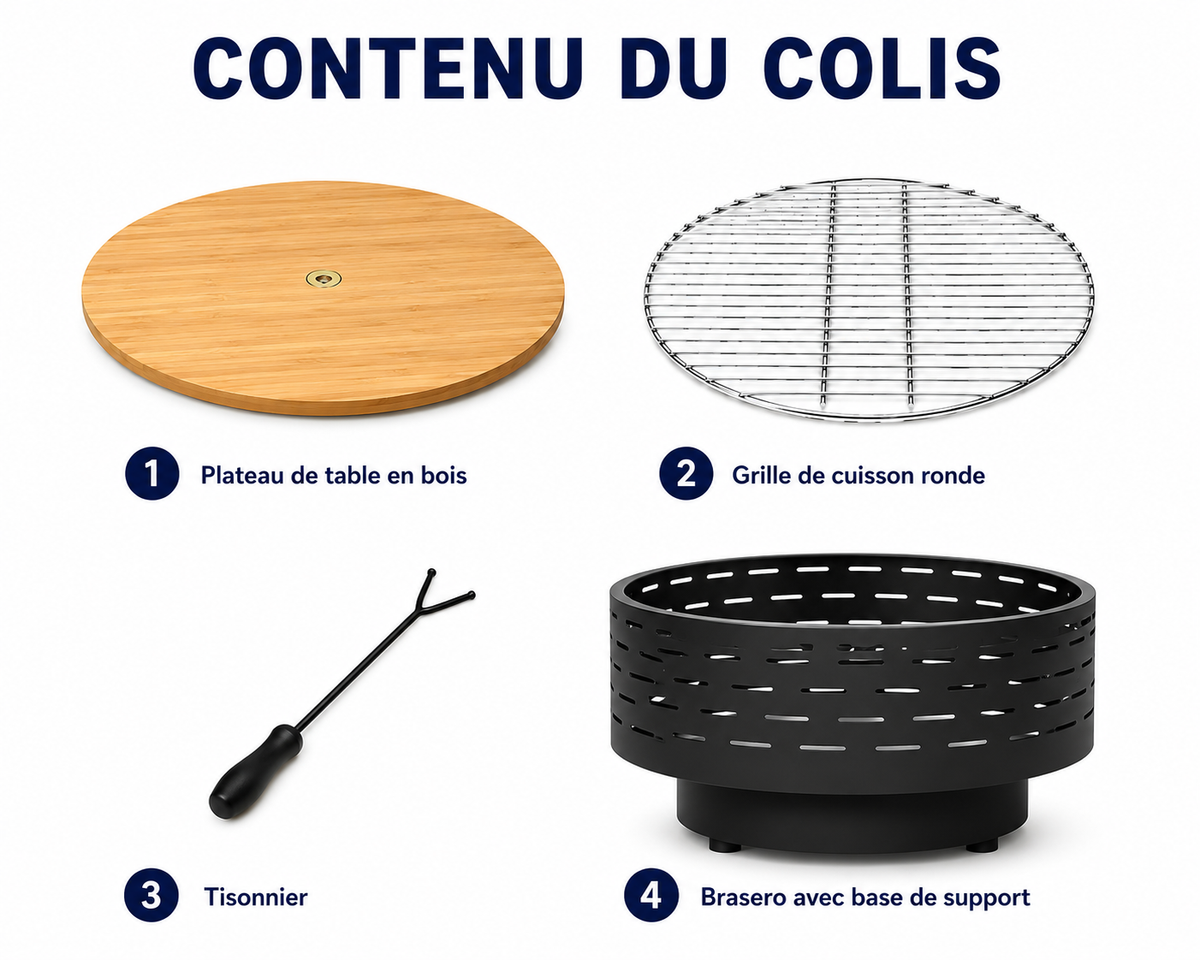 HESTINA Prestige - Brasero table de jardin rond Ø60 cm avec plateau bois et grille barbecue