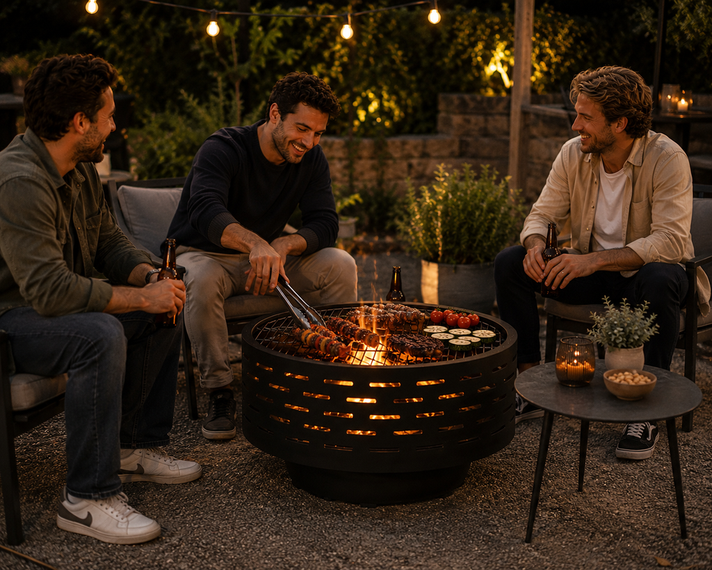 HESTINA Prestige - Brasero table de jardin rond Ø60 cm avec plateau bois et grille barbecue