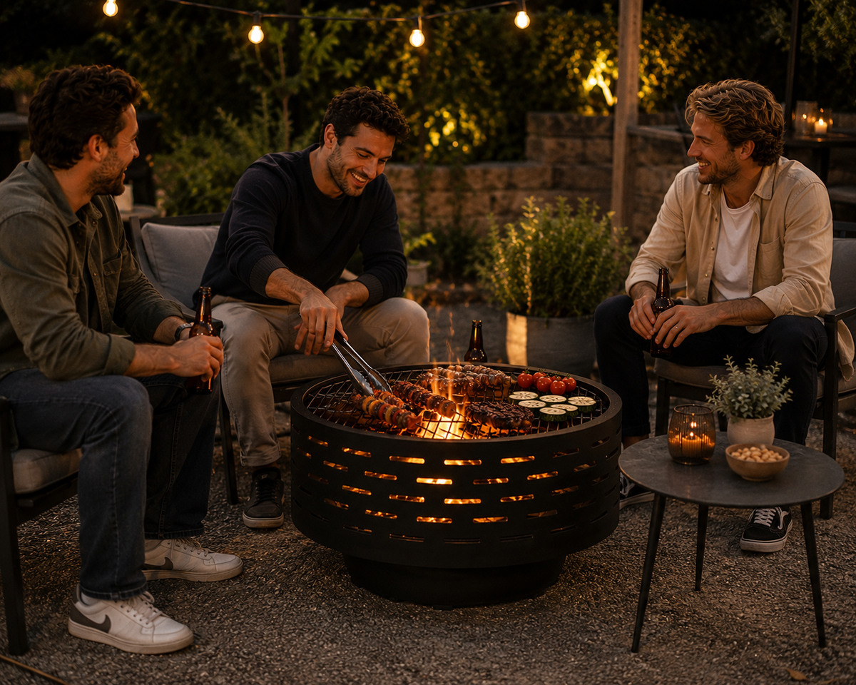 HESTINA Prestige - Brasero table de jardin rond Ø60 cm avec plateau bois et grille barbecue