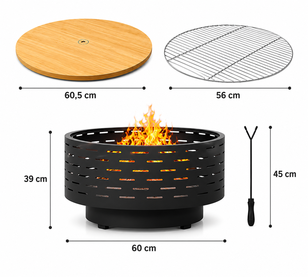 HESTINA Prestige - Brasero table de jardin rond Ø60 cm avec plateau bois et grille barbecue