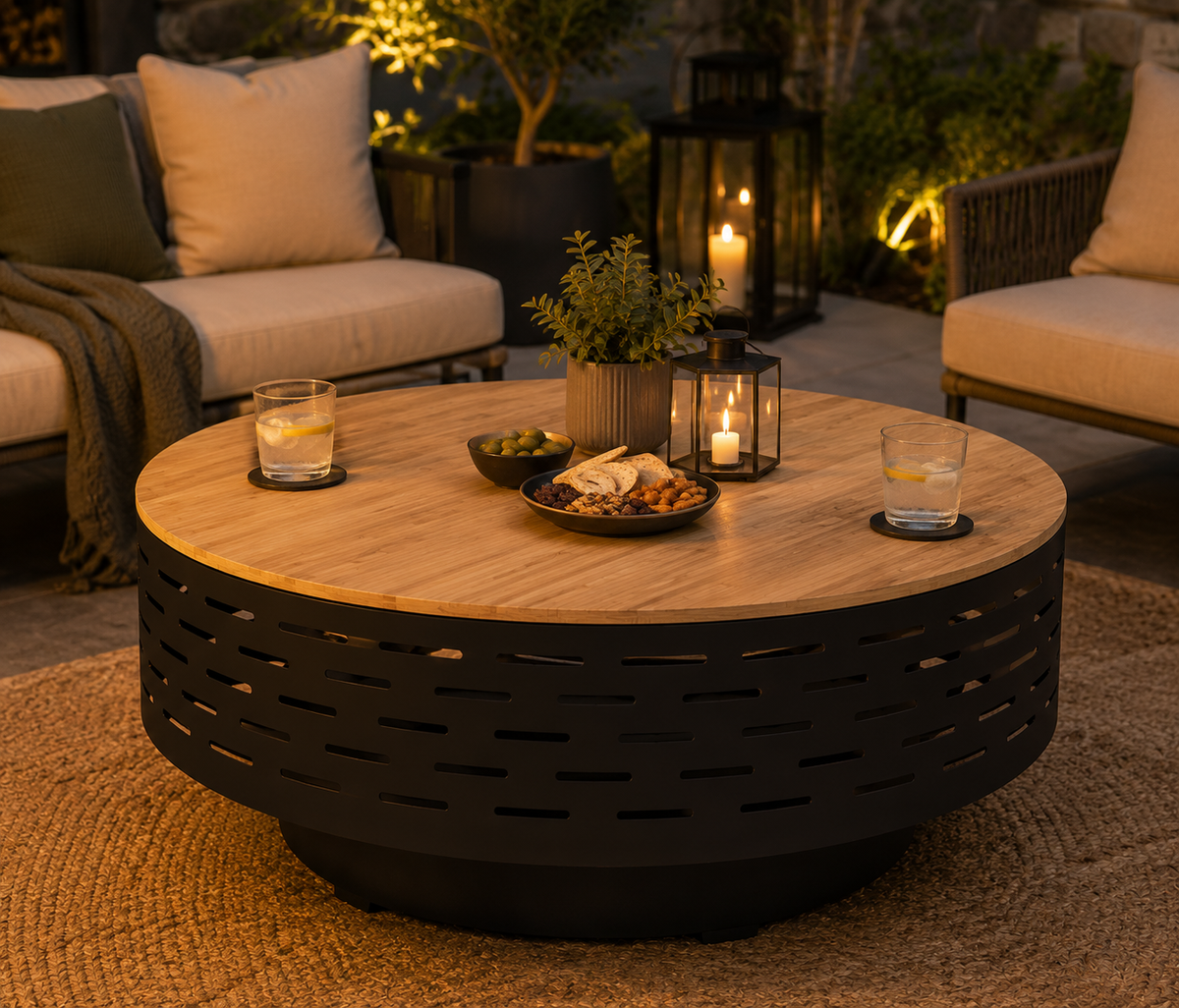 HESTINA Prestige - Brasero table de jardin rond Ø60 cm avec plateau bois et grille barbecue