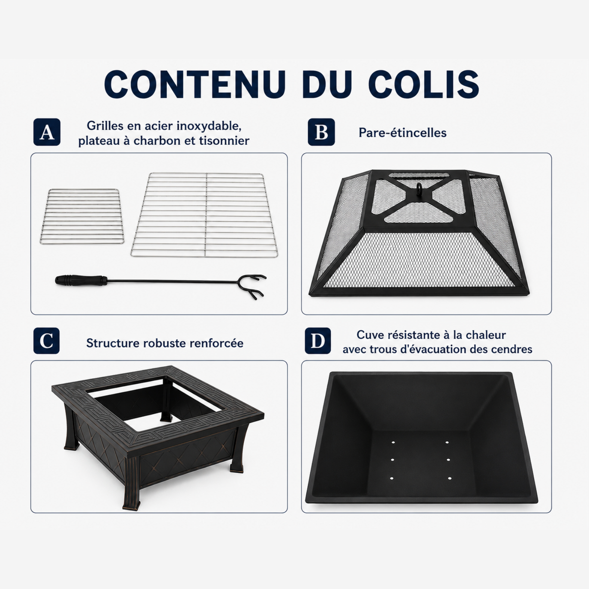 HESTINA Signature - Brasero de jardin carré 81 cm, 3 fonctions feu, barbecue et rafraîchisseur