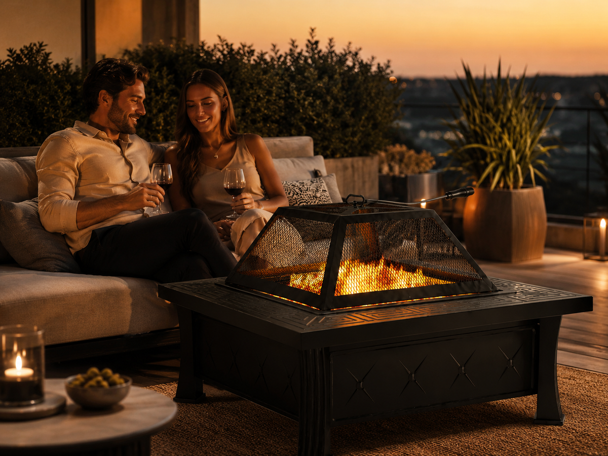 HESTINA Signature - Brasero de jardin carré 81 cm, 3 fonctions feu, barbecue et rafraîchisseur