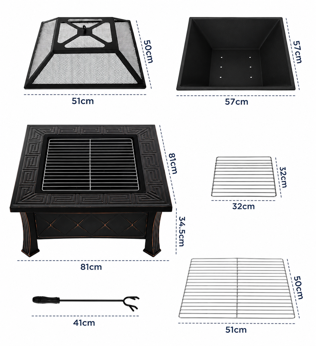 HESTINA Signature - Brasero de jardin carré 81 cm, 3 fonctions feu, barbecue et rafraîchisseur