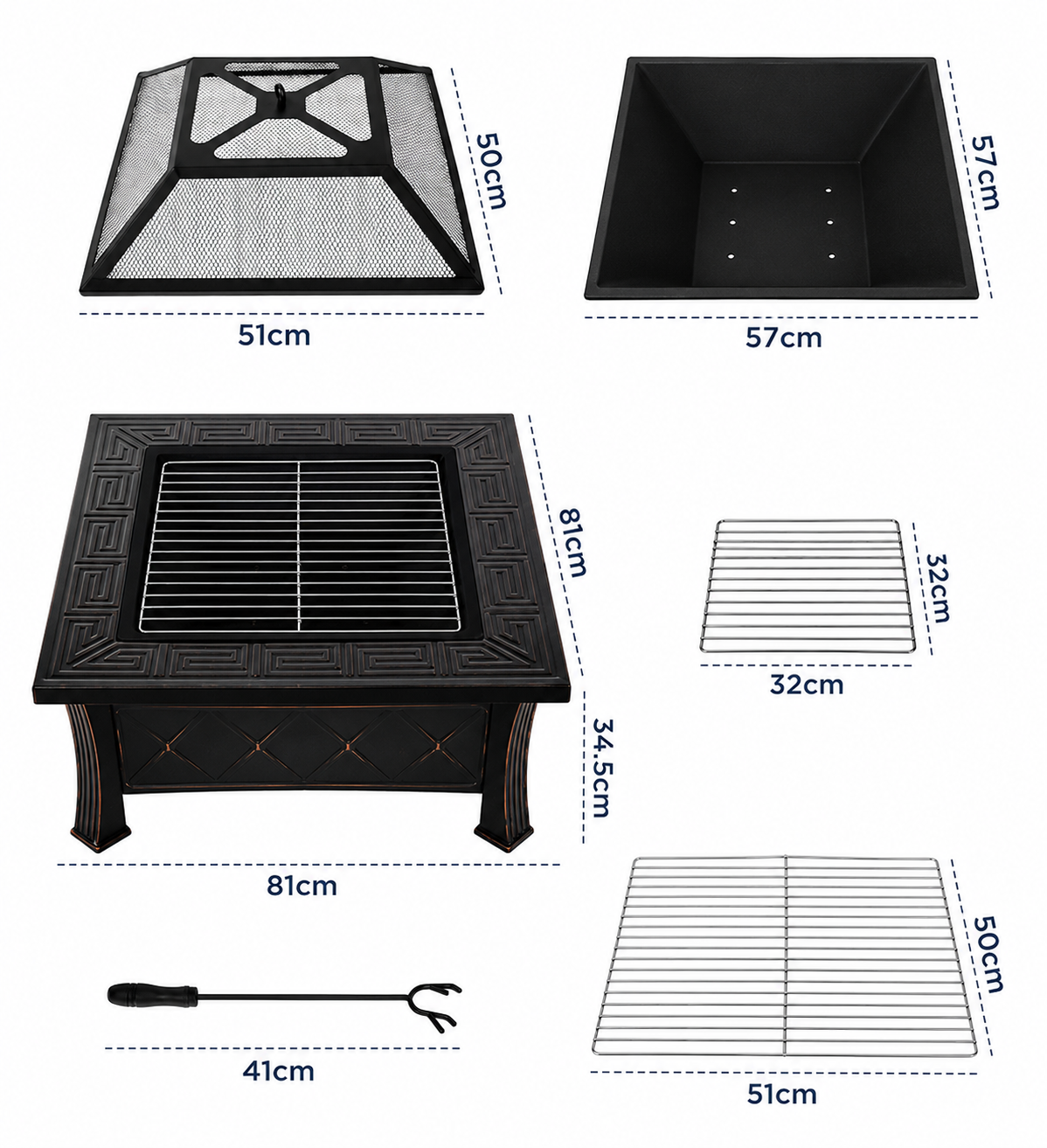HESTINA Signature - Brasero de jardin carré 81 cm, 3 fonctions feu, barbecue et rafraîchisseur
