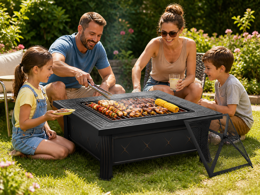 HESTINA Signature - Brasero de jardin carré 81 cm, 3 fonctions feu, barbecue et rafraîchisseur