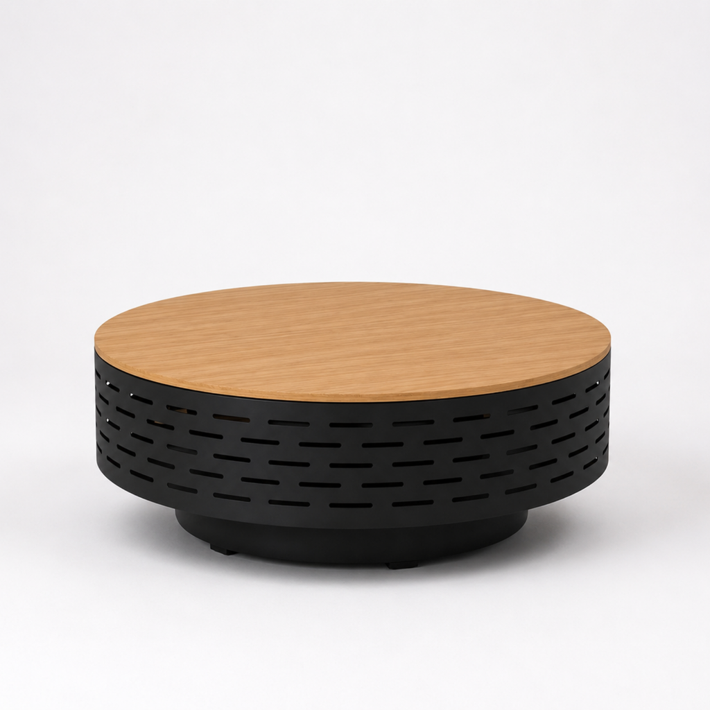 HESTINA Prestige - Brasero table de jardin rond Ø60 cm avec plateau imitation bois et grille barbecue