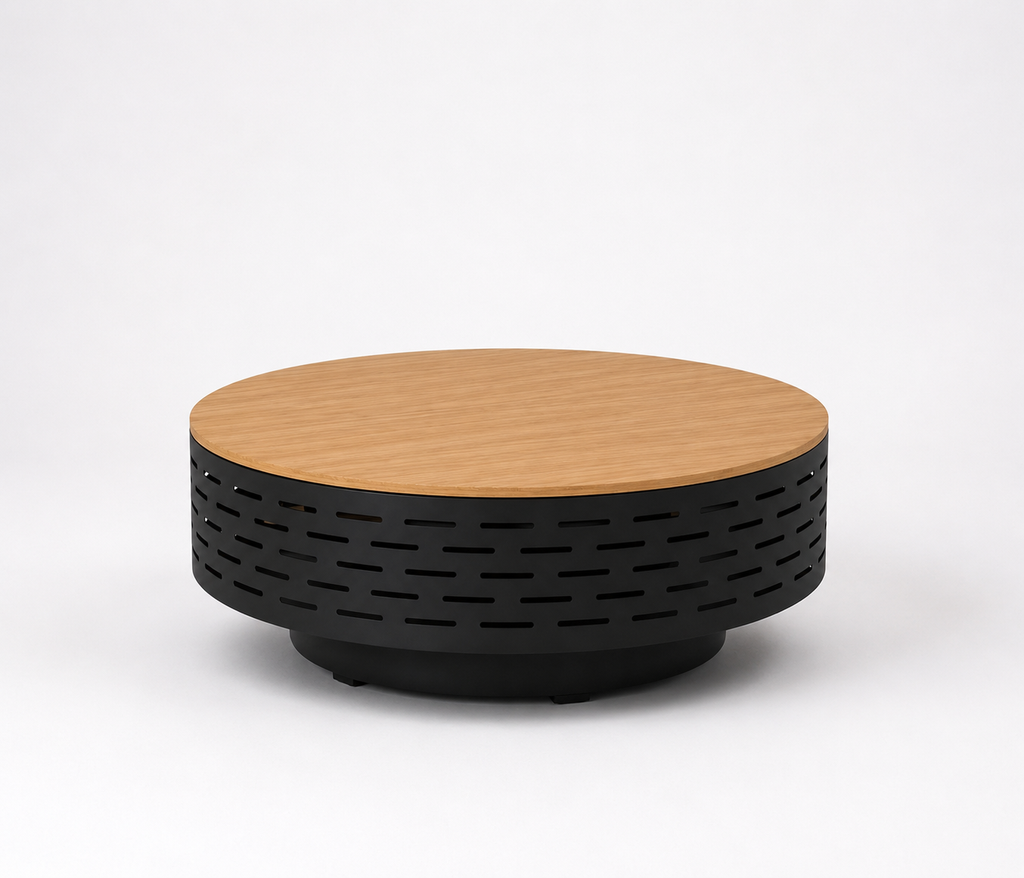 HESTINA Prestige - Brasero table de jardin rond Ø60 cm avec plateau bois et grille barbecue