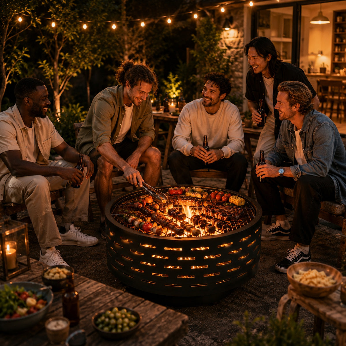 HESTINA Prestige - Brasero table de jardin rond Ø60 cm avec plateau imitation bois et grille barbecue