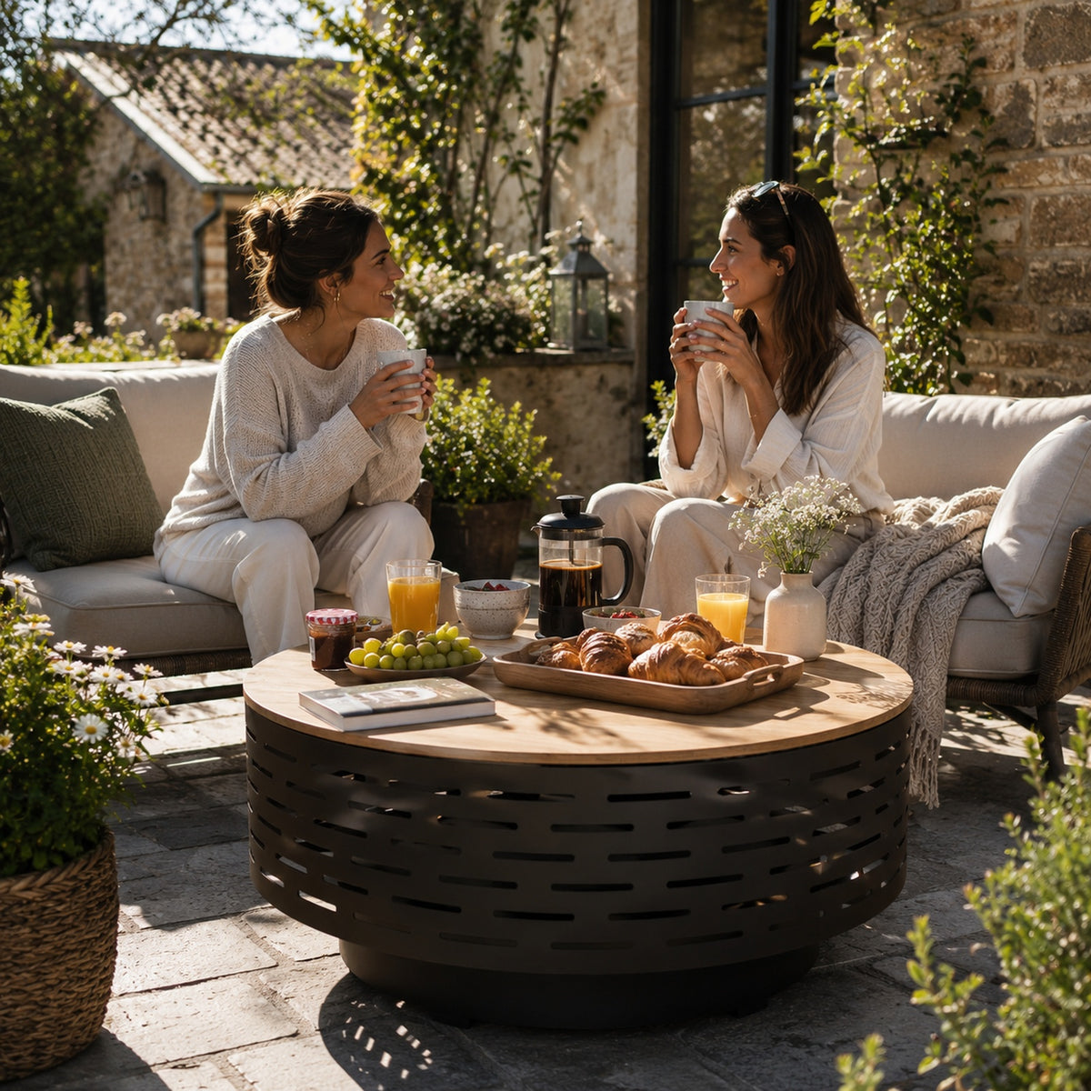 HESTINA Prestige - Brasero table de jardin rond Ø60 cm avec plateau imitation bois et grille barbecue