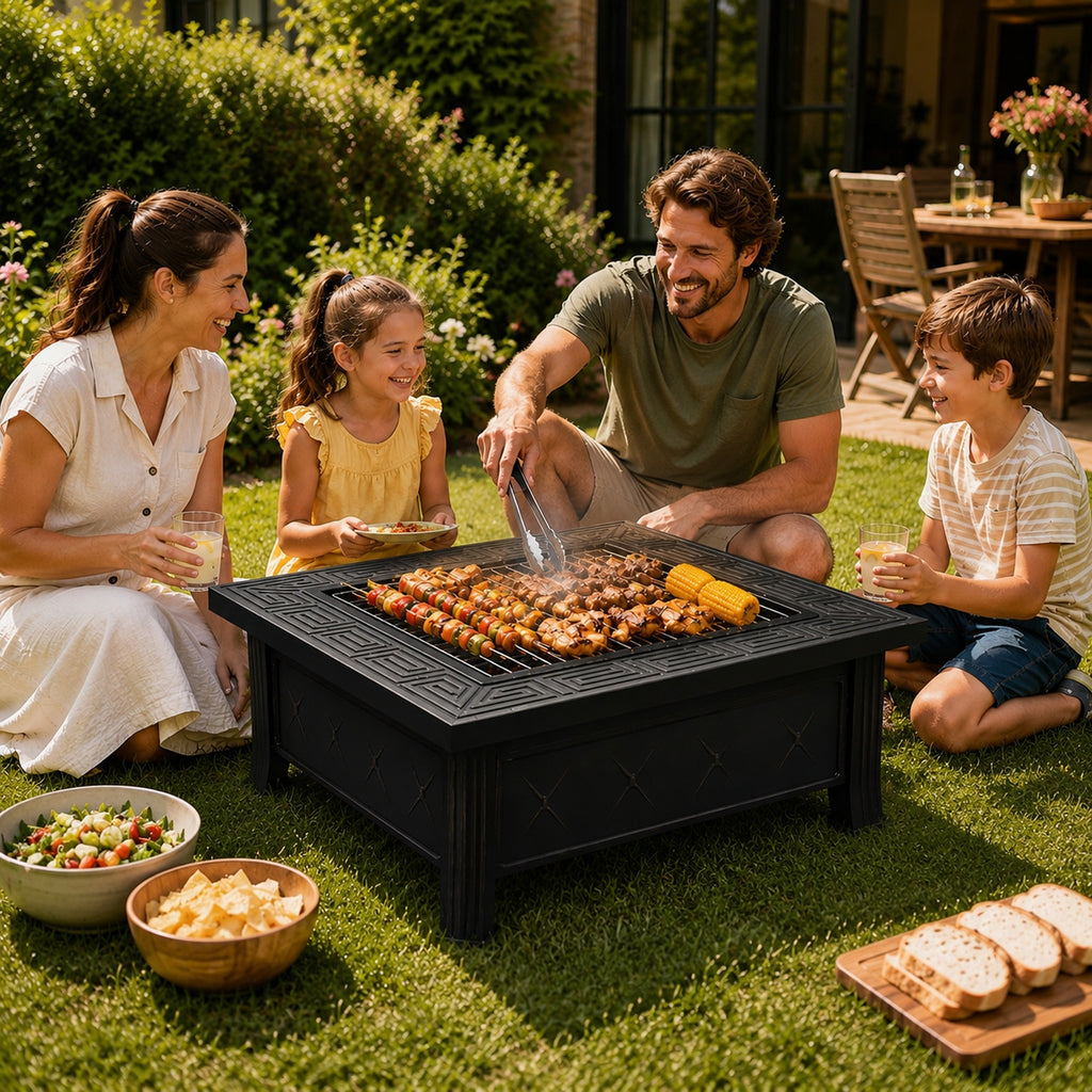 HESTINA Signature - Brasero de jardin carré 81 cm, 3 fonctions feu, barbecue et rafraîchisseur
