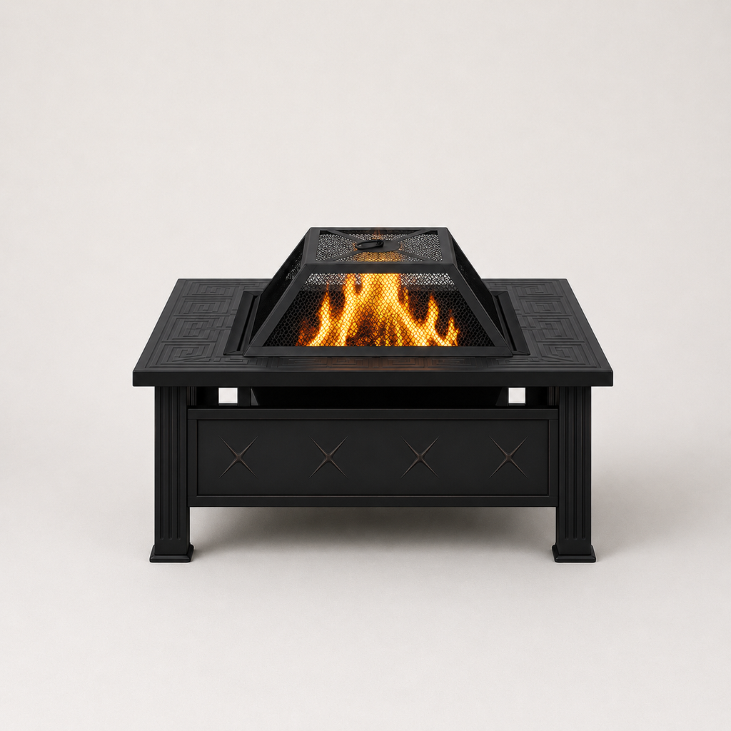 HESTINA Signature - Brasero de jardin carré 81 cm, 3 fonctions feu, barbecue et rafraîchisseur