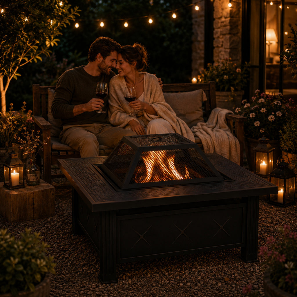 HESTINA Signature - Brasero de jardin carré 81 cm, 3 fonctions feu, barbecue et rafraîchisseur