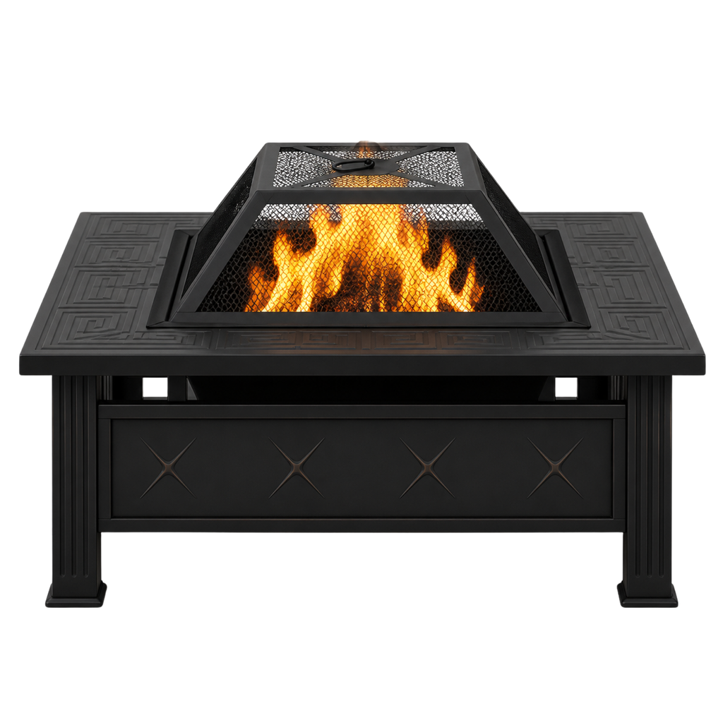 HESTINA Signature - Brasero de jardin carré 81 cm, 3 fonctions feu, barbecue et rafraîchisseur