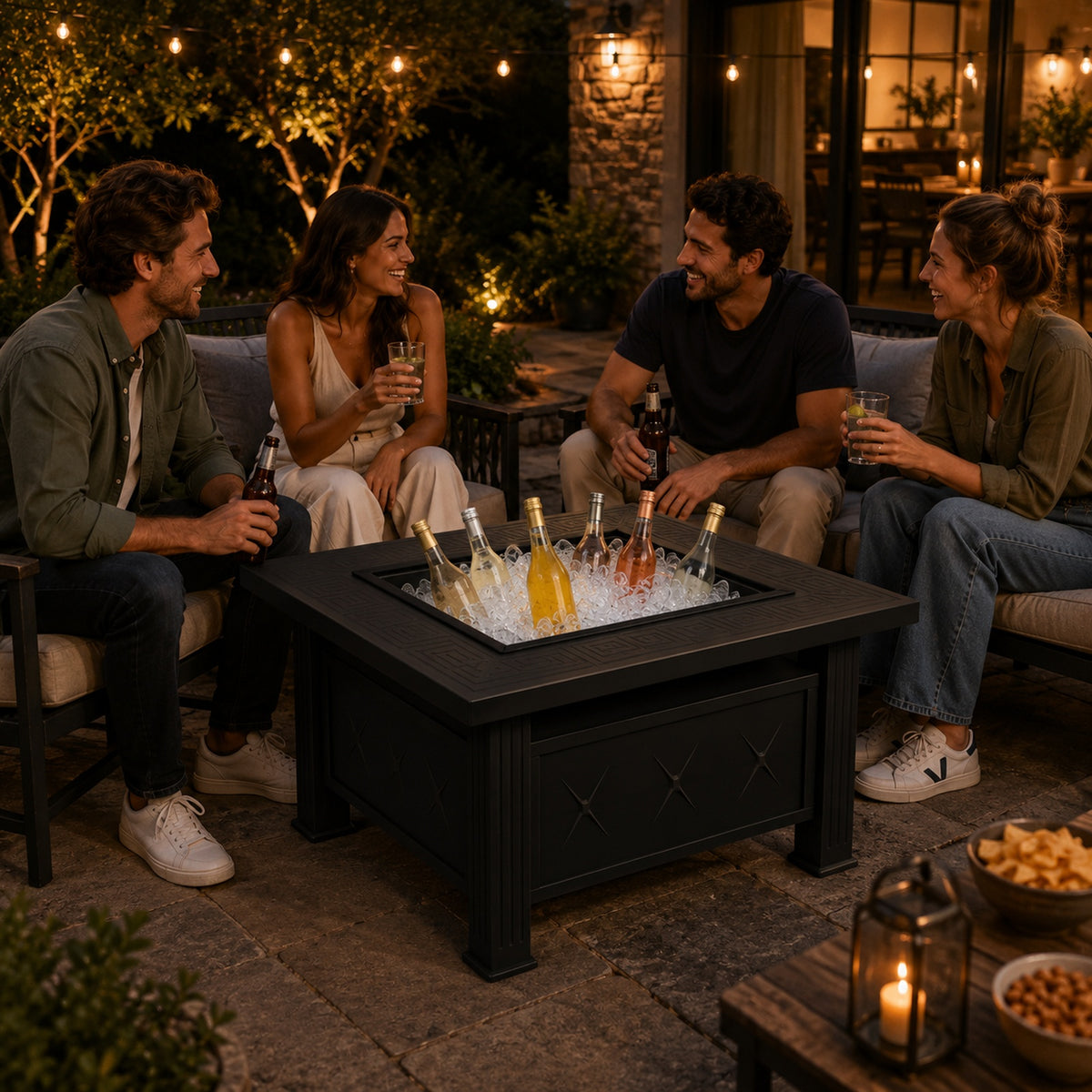 HESTINA Signature - Brasero de jardin carré 81 cm, 3 fonctions feu, barbecue et rafraîchisseur