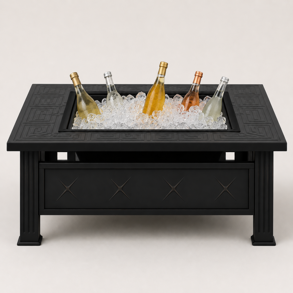 HESTINA Signature - Brasero de jardin carré 81 cm, 3 fonctions feu, barbecue et rafraîchisseur