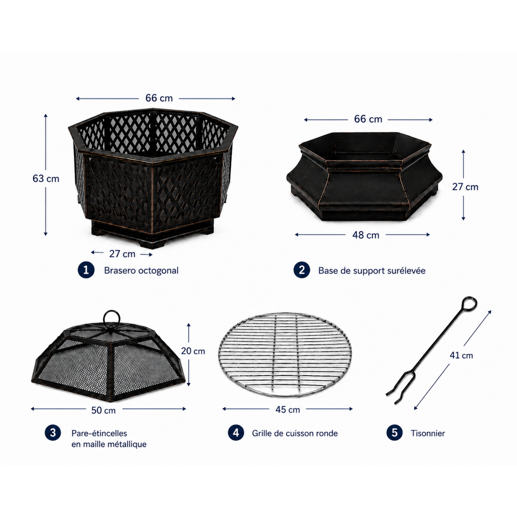 HESTINA Élégance - Brasero barbecue hexagonal avec grille de cuisson, usage extérieur