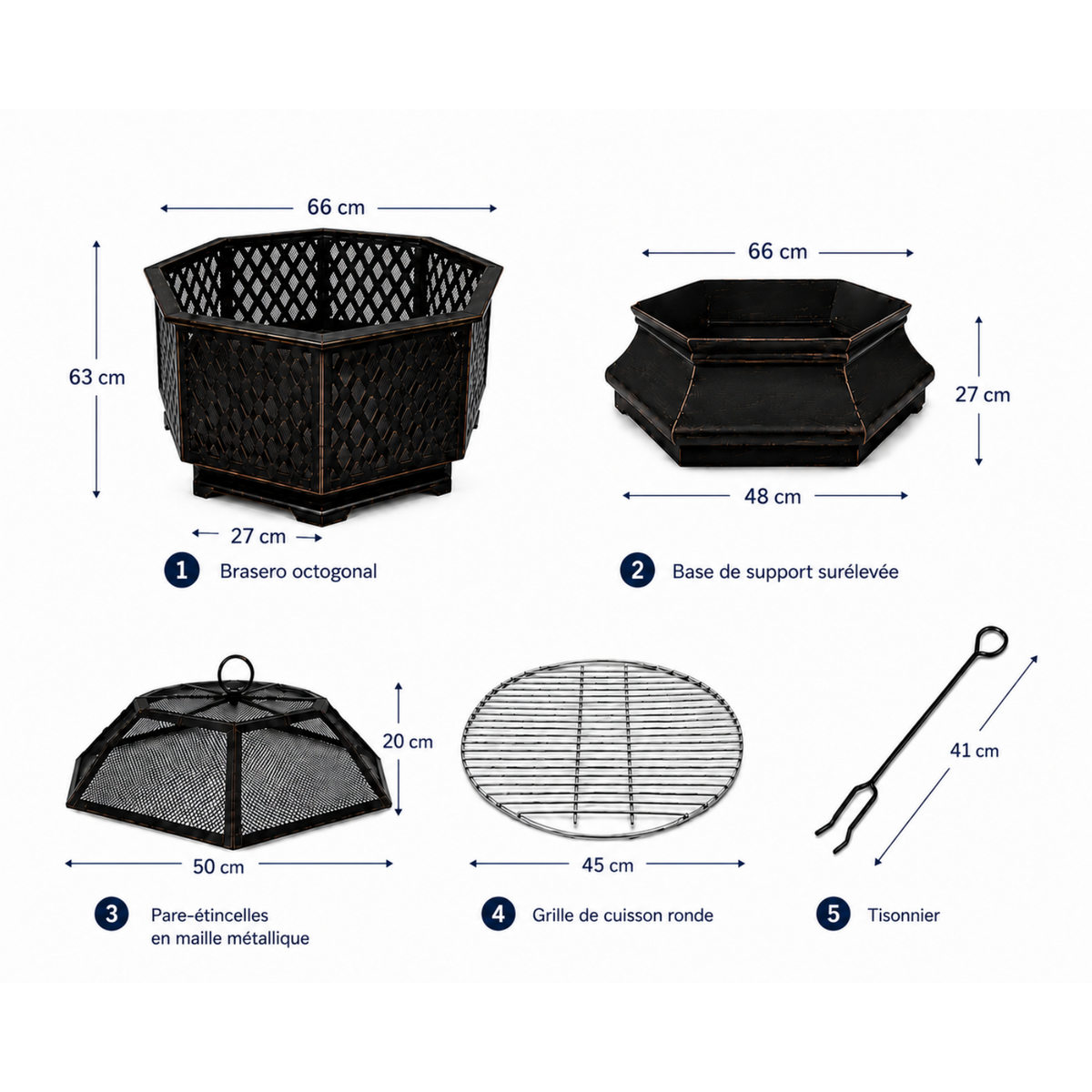 HESTINA Élégance - Brasero barbecue hexagonal avec grille de cuisson, usage extérieur