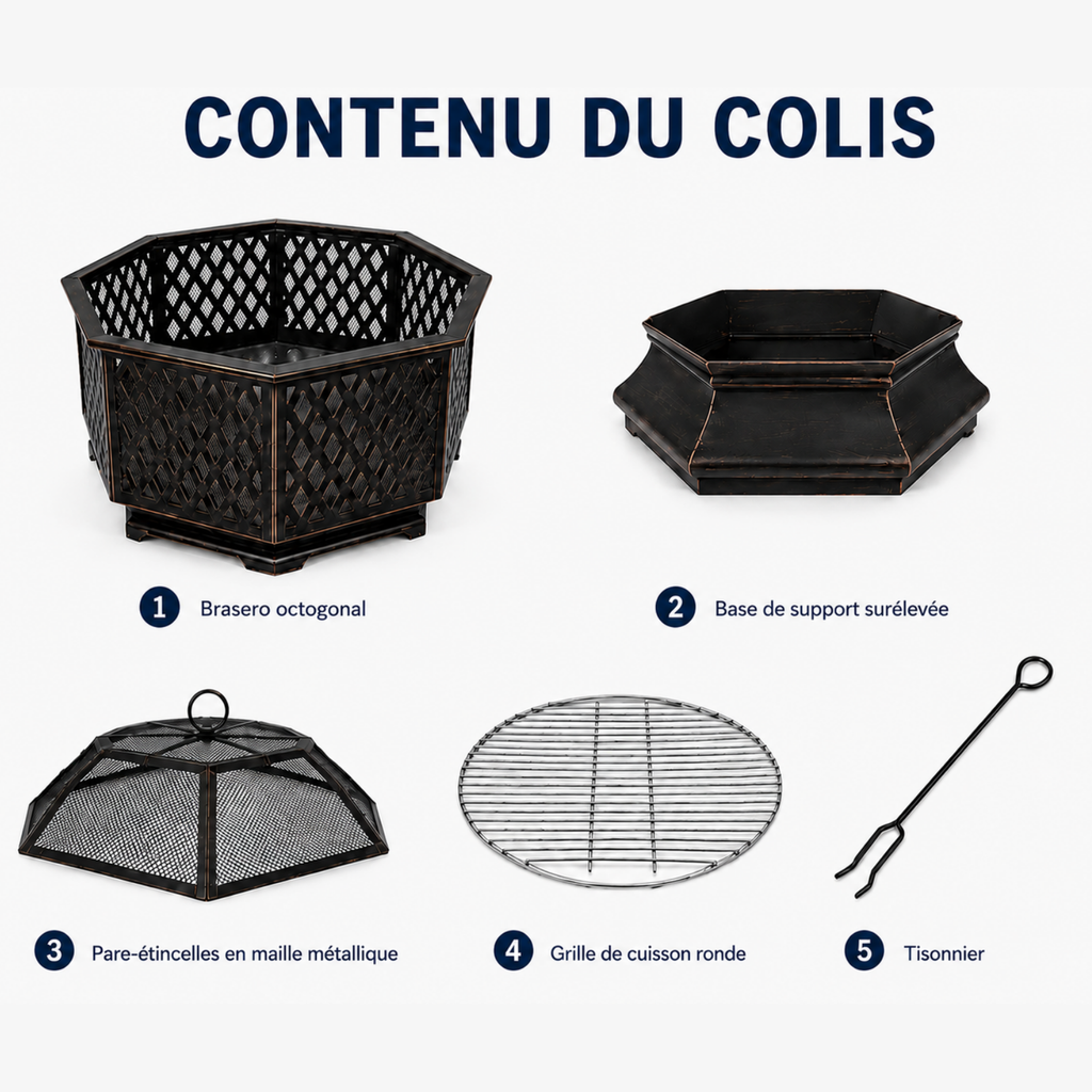 HESTINA Élégance - Brasero barbecue hexagonal avec grille de cuisson, usage extérieur
