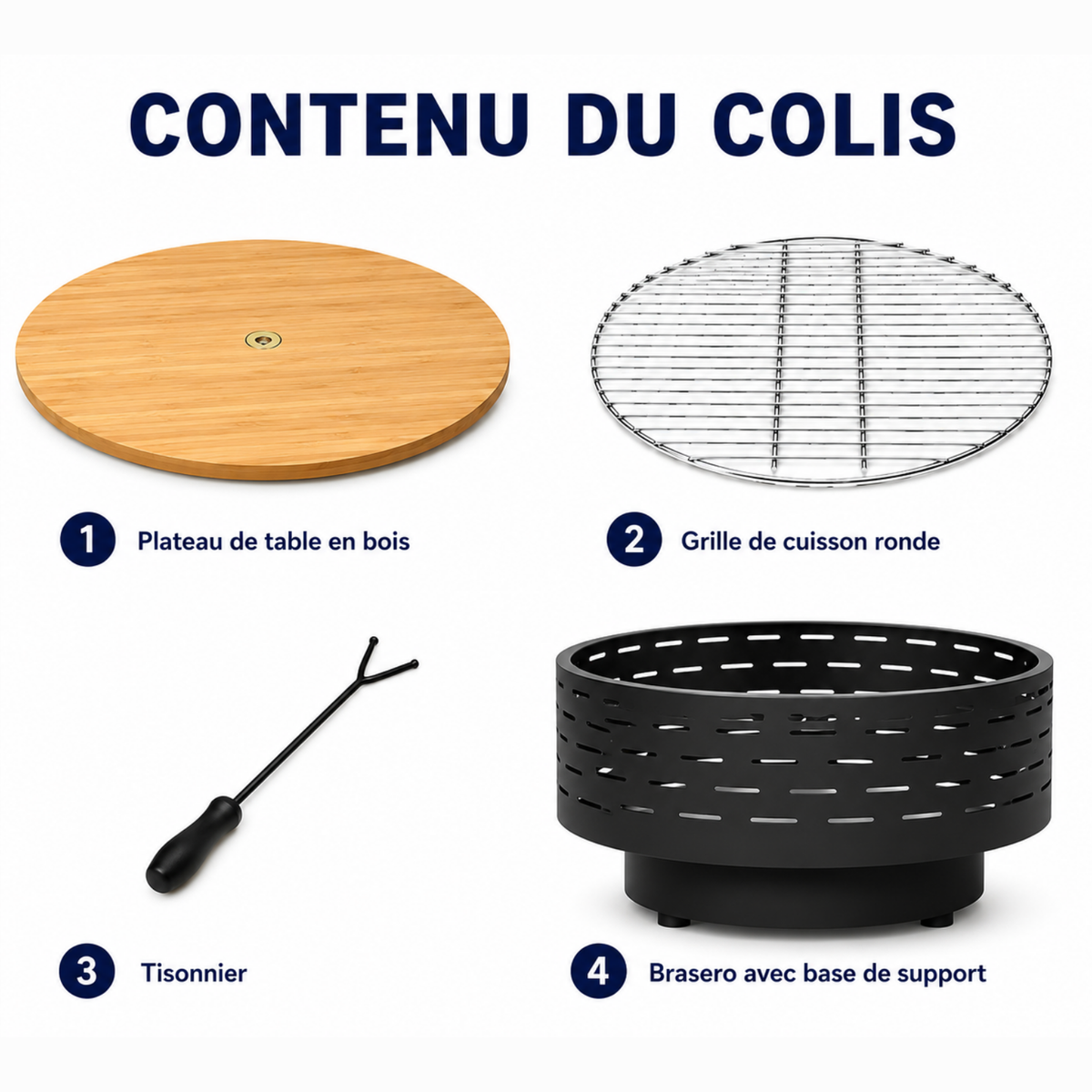 HESTINA Prestige - Brasero table de jardin rond Ø60 cm avec plateau imitation bois et grille barbecue