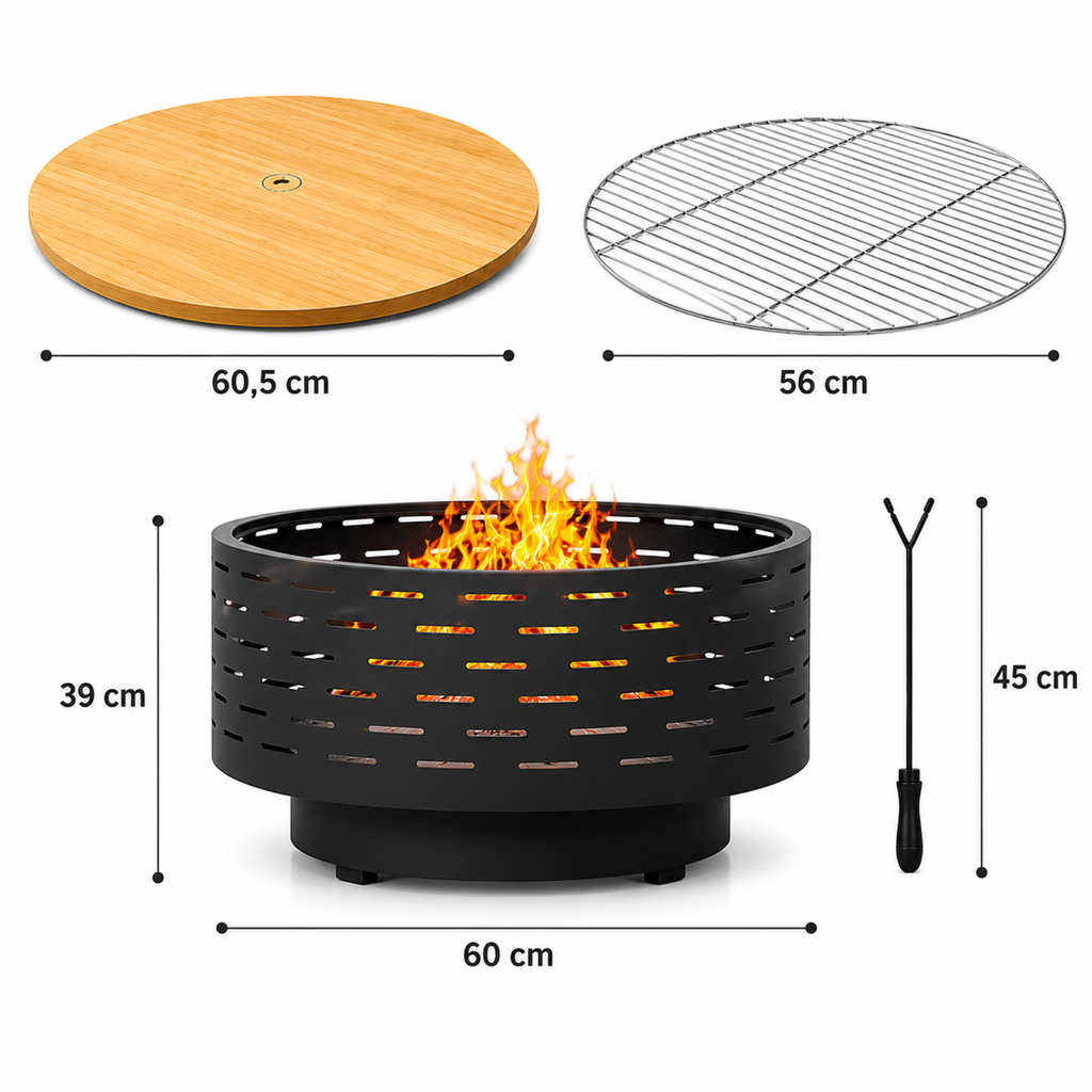 HESTINA Prestige - Brasero table de jardin rond Ø60 cm avec plateau imitation bois et grille barbecue