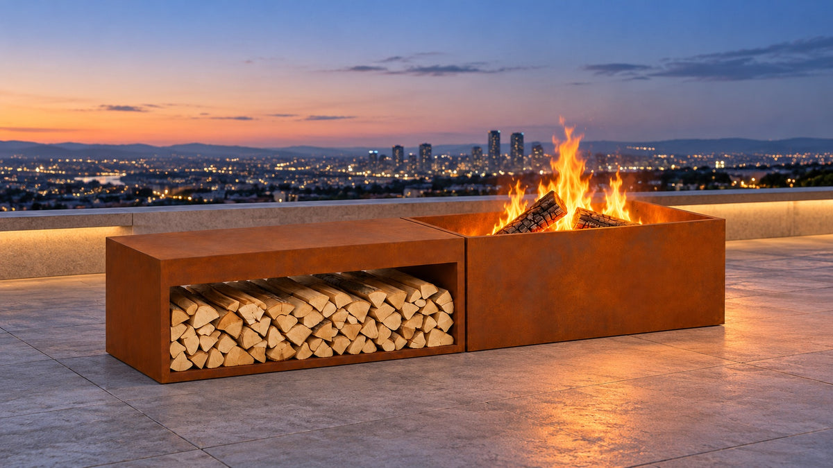Brasero Amalfi avec rangement bois sur une terrasse en pierre en soirée
