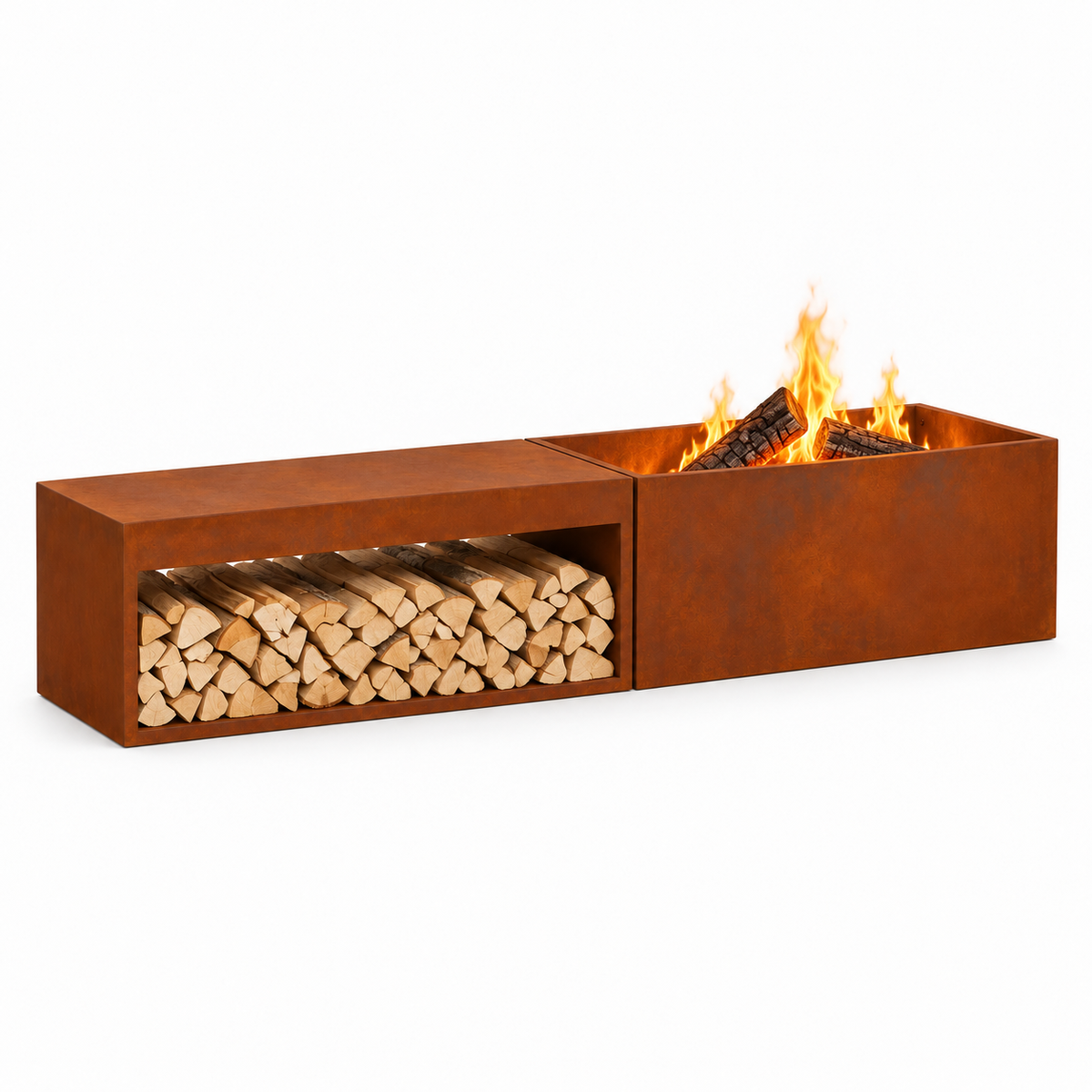 Brasero Hestina Amalfi avec feu de bois, sur fond blanc