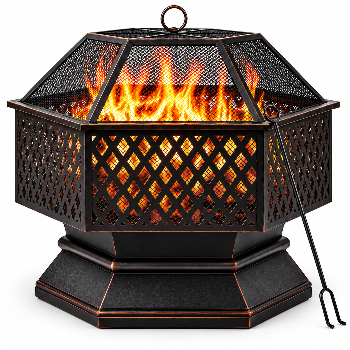 Brasero barbecue hexagonal Verona de 66 cm, avec pare-étincelles et tisonnier, sur fond blanc