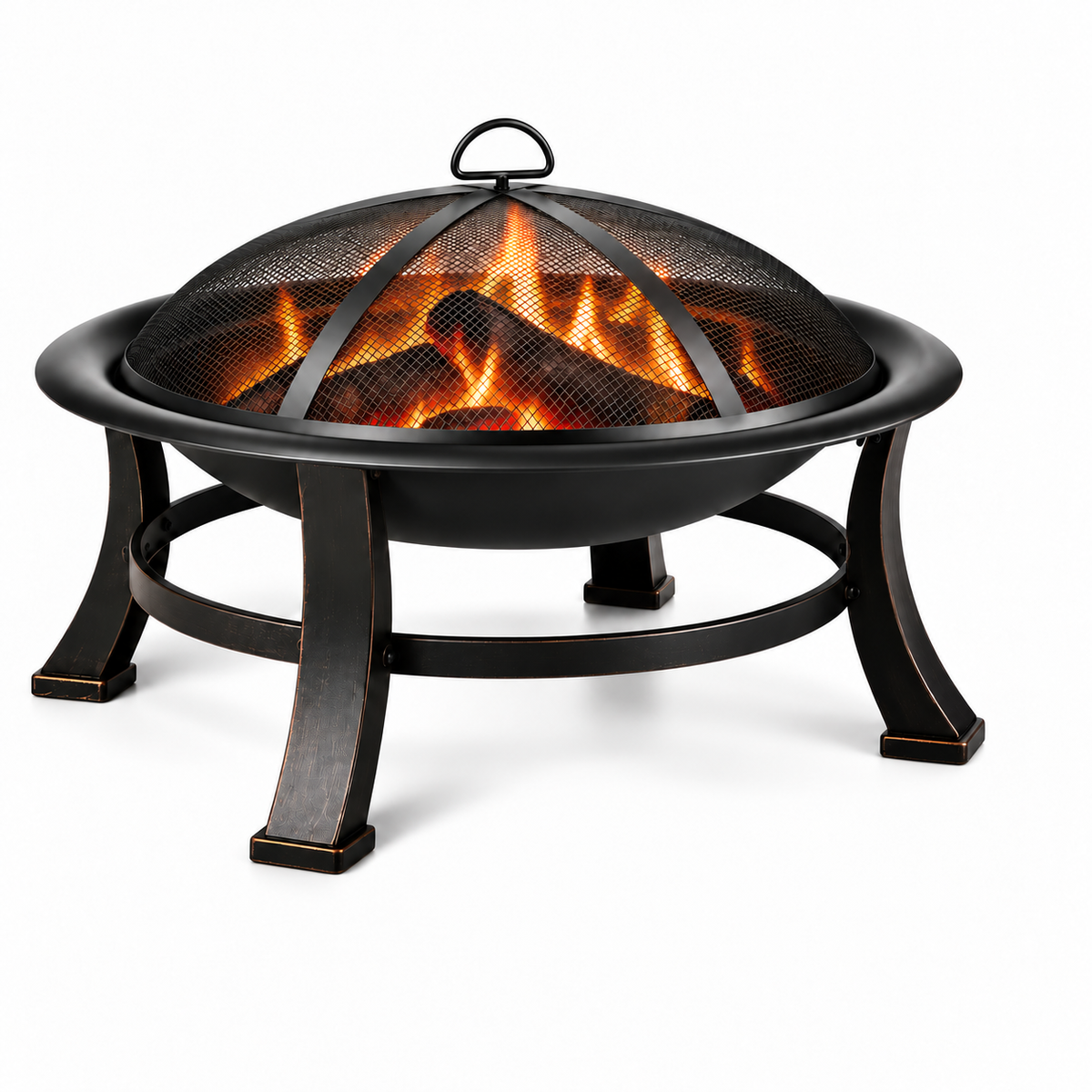 Brasero Ravello avec pare-etincelles bombe et feu contenu, sur fond blanc. Grille de cuisson et tisonnier non montres.
